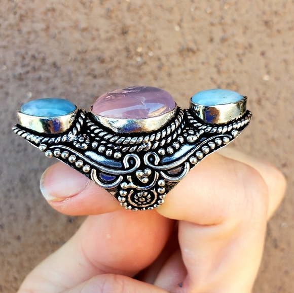 New Rose Quartz & Larimar 925 Silver Statement Ring. - Picture 13 of 15
